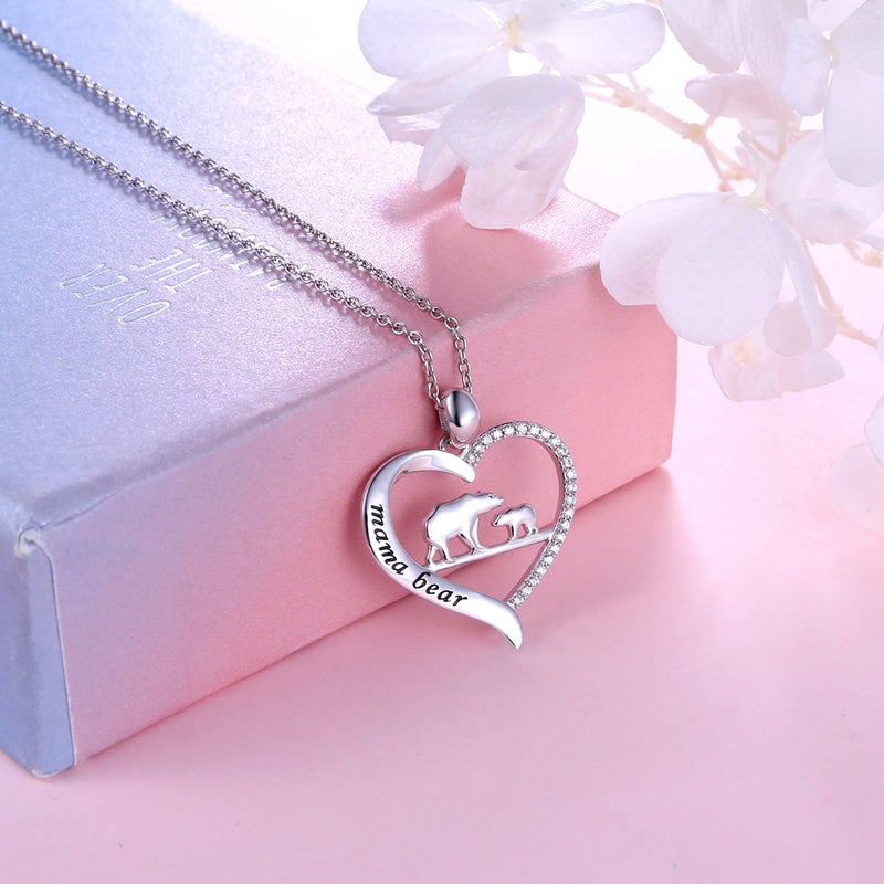 DAOCHONG Mama Bear Necklace S925 Sterling Silver Mama Bear with Cub Heart Pendant Necklace for Family - Image 2